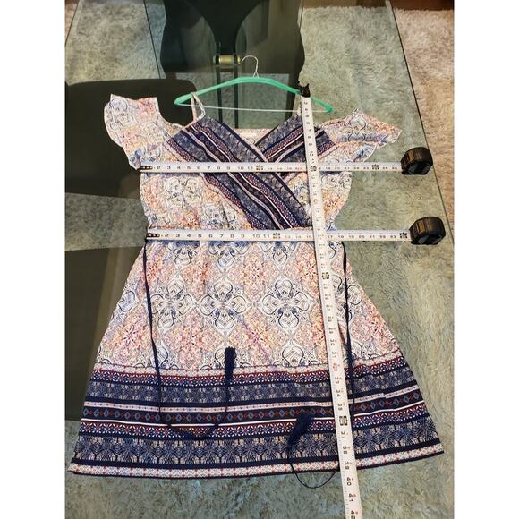 Maurices Dress Women Size X-L Blue Pink Boho Cold Shoulder Wrap Midi Belted - Picture 15 of 16